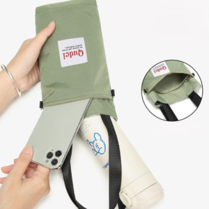 insulated water bottle sleeve with strap and storage pocket.