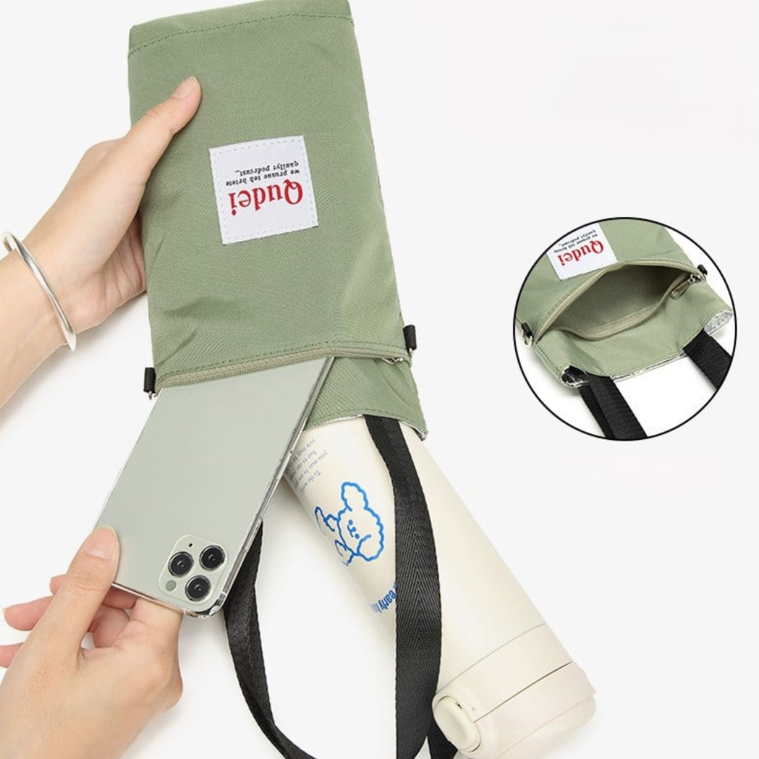 insulated water bottle sleeve with strap and storage pocket.